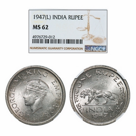 George VI, Nickel, Rupee, 1947, Lahore Mint, E/IV, No mint mark, Security edge. NGC Slabbe