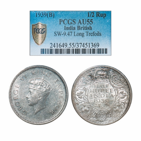 George VI, Silver, Half Rupee, 1939, Bombay Mint, A/I, Dot, Head Type I, Milled edge. PCGS