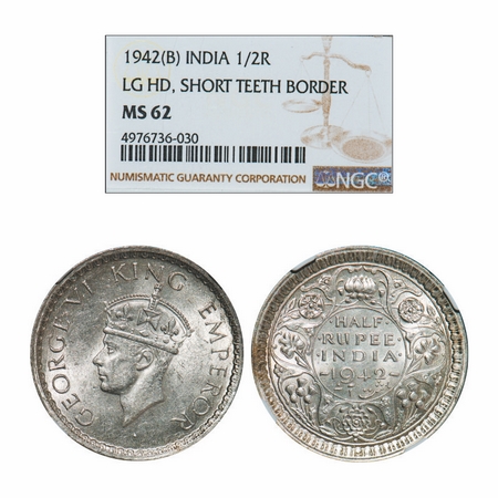 George VI, Half Silver, Half Rupee, 1942, Bombay Mint, Head Type II, A(a)/II, Dot, Securit