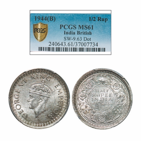George VI, Half Silver, Half Rupee, 1944, Bombay Mint, Head Type II, B/III, Dot, Security 