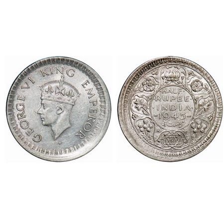 George VI, Half Silver, Half Rupee, 1945, 24.66mm normally the diameter is between 24mm to