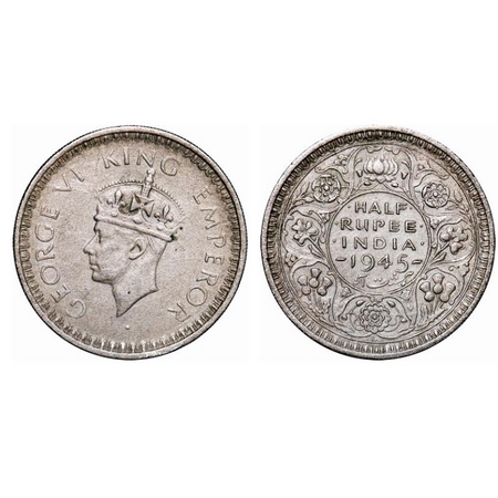 George VI, Half Silver, Half Rupee, 1945, Lahore Mint, Head Type II, B/II, 'L' raised, Sec