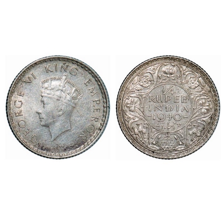 George VI, Half Silver, 1/4 Rupee, 1940, Bombay Mint, Head Type I, Rev I, Dot, Milled edge