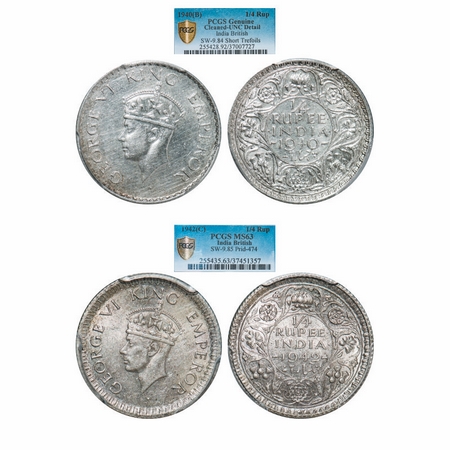 George VI, Half Silver, 1/4 Rupee, (2 slabs), 1) 1940, Bombay Mint, Head Type II, Rev I, D