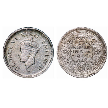 George VI, Half Silver, 1/4 Rupee, 1945, lahore Mint, Head Type II, Rev II, 'L' raised, Se