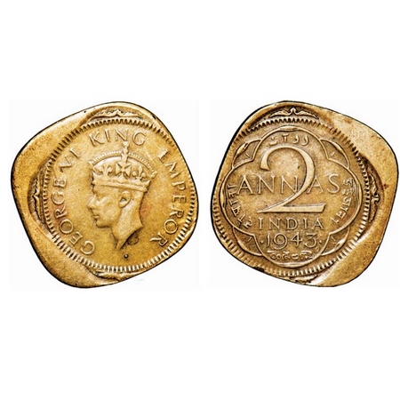 George VI, Brass-Nickel, 2 Annas, 1943, Bombay Mint, Head Type II, Dots by year, Error, 20