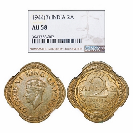 George VI, Brass-Nickel, 2 Annas, 1944, Bombay Mint, Head Type II, Dots by year, w/o Tiny