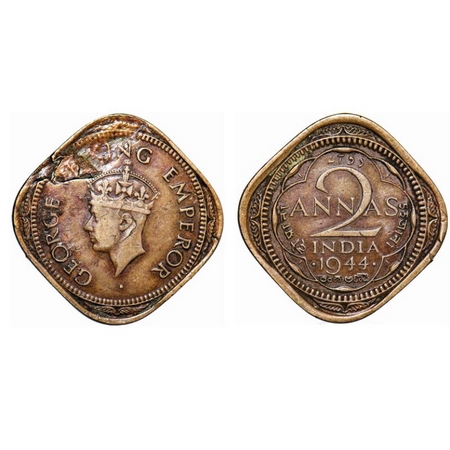 George VI, Brass-Nickel, 2 Annas, 1944, Bombay Mint, Head Type II, Dots by year, Small num