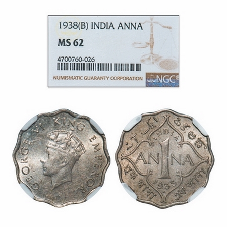 George VI, Copper-Nickel, 1 Anna, 1938, Bombay Mint, Head Type I, Dot. GK 1377. NGC Slabbe