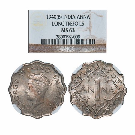 George VI, Copper-Nickel, 1 Anna, 1940, Bombay Mint, Head Type I, Dot. GK 1382. NGC Slabbe