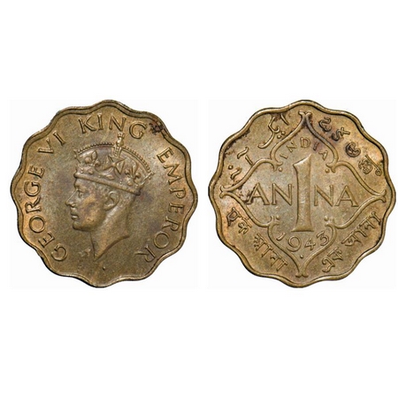 George VI, Brass-Nickel, 1 Anna, 1943, Bombay Mint, Head Type II, Dot, Normal numeral 3. G