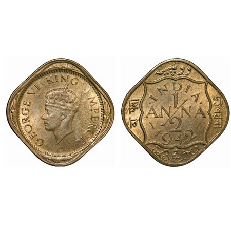 George VI, Brass-Nickel, 1/2 Anna, 1942, Bombay Mint, Dots by India dashes by year, Error,