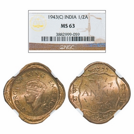 George VI, Brass-Nickel, 1/2 Anna, 1943, Calcutta Mint, Dots by India, Dashes by year. GK 