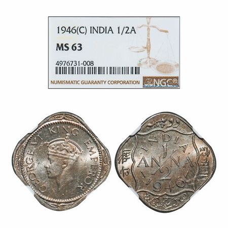 George VI, Copper-Nickel, 1/2 Anna, 1946, Calcutta Mint, Dots by India, Dashes by year. GK