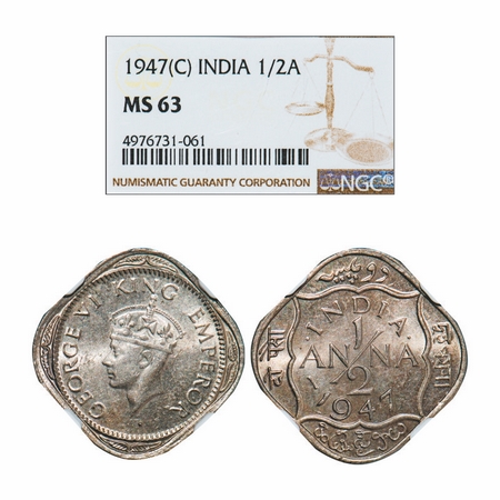 George VI, Copper-Nickel, 1/2 Anna, 1947, Calcutta Mint, Dot by India, Dashes by year. GK