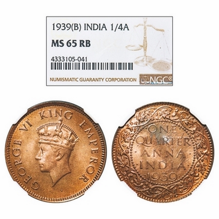 George VI, Bronze, Quarter Anna, 1939, Bombay Mint, Head Type I, Dot. GK 1422. NGC Slabbed