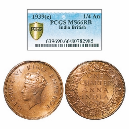 George VI, Bronze, Quarter Anna, 1939, Calcutta Mint, Head Type I, No dot. GK 1423. PCGS S