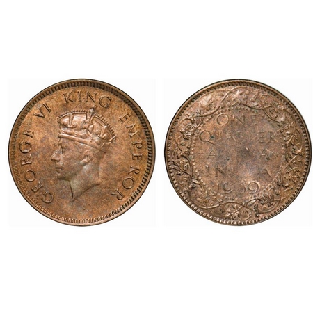 George VI, Bronze, Quarter Anna, 1939, Bombay Mint, Head Type I, Dot, Error, Misstruck on 