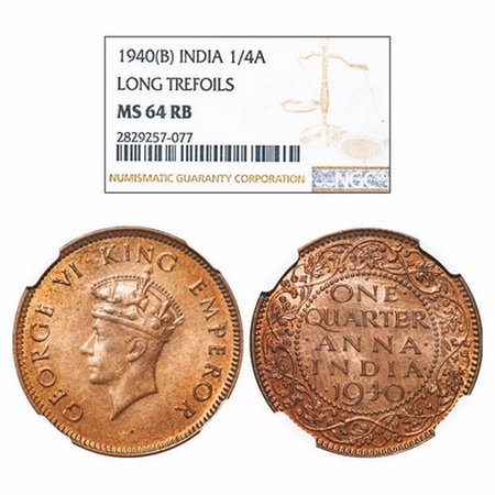 George VI, Bronze, Quarter Anna, 1940, Bombay Mint, Head Type I, Dot. GK 1425. NGC Slabbed