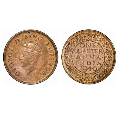 George VI, Bronze, Quarter Anna, 1940, Bombay Mint, Head Type I, Dot. GK 1425. Uncirculate