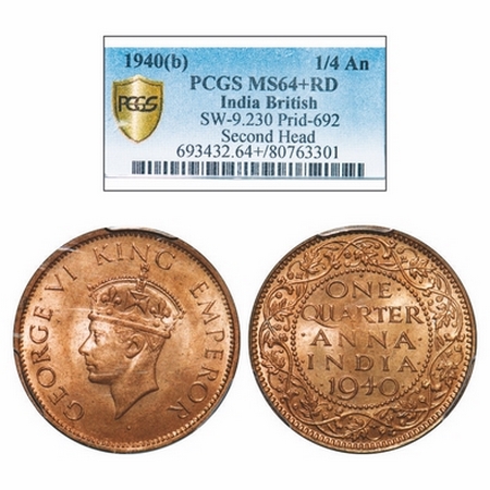 George VI, Bronze, Quarter Anna, 1940, Bombay Mint, Head Type II, Dot. GK 1426. PCGS Slabb