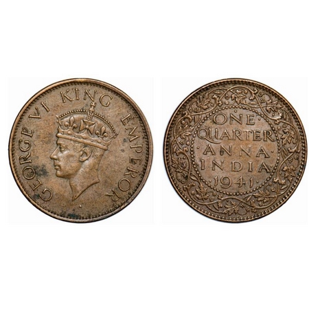 George VI, Bronze, Quarter Anna, 1941, Bombay Mint, Head Type II, Dot. GK 1428. Extremely 
