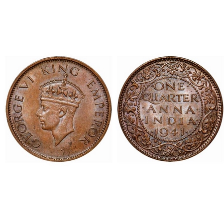 George VI, Bronze, Quarter Anna, 1941, Bombay Mint, Head Type II, Dot. GK 1428. Almost Unc