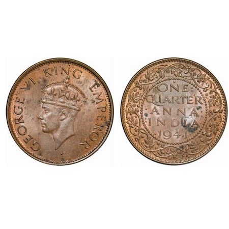 George VI, Bronze, Quarter Anna, 1941, Bombay Mint, Head Type II, Dot. GK 1428. Brilliant