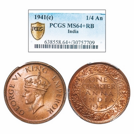 George VI, Bronze, Quarter Anna, 1941, Calcutta Mint, Head Type II, No dot. GK 1429. PCGS