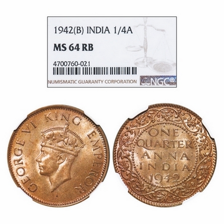 George VI, Bronze, Quarter Anna, 1942, Bombay Mint, Head Type II, Dot. GK 1430. NGC Slabbe