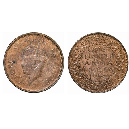 George VI, Bronze, Quarter Rupee, 1942, Bombay Mint, Dot above 'N' of One, Error, Misstruc