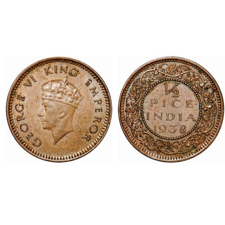 George VI, Bronze, 1/2 Pice, 1938, Calcutta Mint, No dot, Head Type I. GK 1449. About Unci