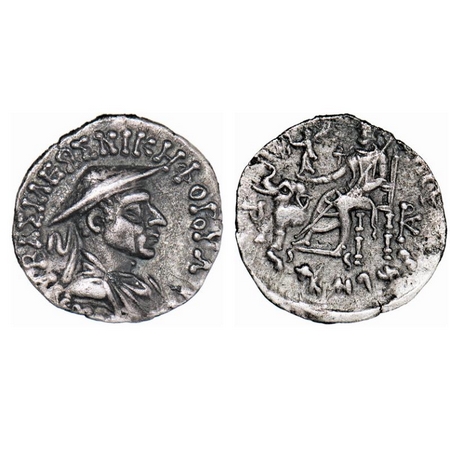 Indo-Greeks, Antialkidas (c. 130-120 BC), Silver Drachm, 2.10g, 16.95x16.96mm, Obv: Helmet