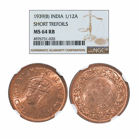 George VI, Bronze, 1/12 Anna, 1939, Bombay Mint, Head Type II, Dot. GK 1454. NGC Slabbed M