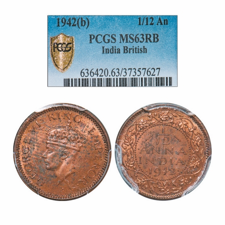 George VI, Bronze, 1/12 Anna, 1942, Bombay Mint, Head Type II, Dots by year. GK 1458. PCGS