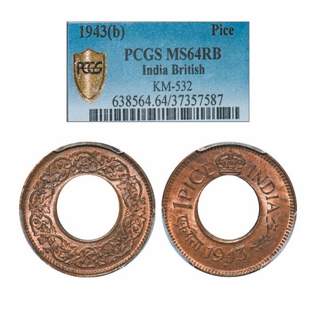 George VI, Bronze, 1 Pice, 1943, Bombay Mint, Round Crown, Diamond. GK 1432. PCGS Slabbed
