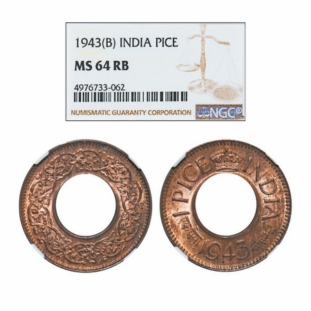 George VI, Bronze, 1 Pice, 1943, Bombay Mint, High Crown, Dot. GK 1433. NGC Slabbed MS 64 