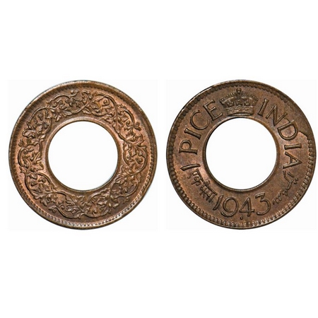 George VI, Bronze, 1 Pice, 1943, Bombay Mint, High Crown, Dot, Year numeral size may wary,
