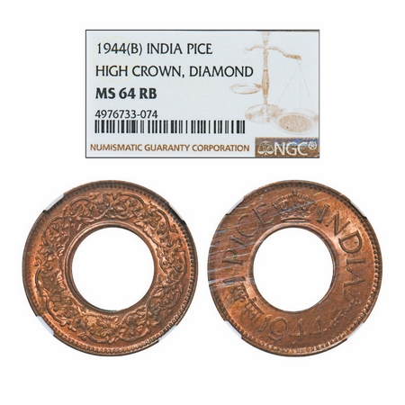 George VI, Bronze, 1 Pice, 1944, Bombay Mint, High Crown, Diamond. GK 1436. NGC Slabbed MS