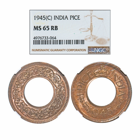 George VI, Bronze, 1 Pice, 1945, Calcutta Mint, Flat Crown, No mint ark. GK 1445. NGC Slab