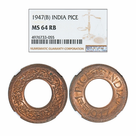 George VI, Bronze, 1 Pice, 1947, Bombay Mint, High Crown, Diamond. GK 1447. NGC Slabbed MS