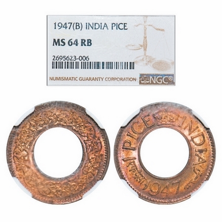 George VI, Bronze, 1 Pice, 1947, Bombay Mint, High Crown, Diamond. GK 1447. NGC Slabbed MS