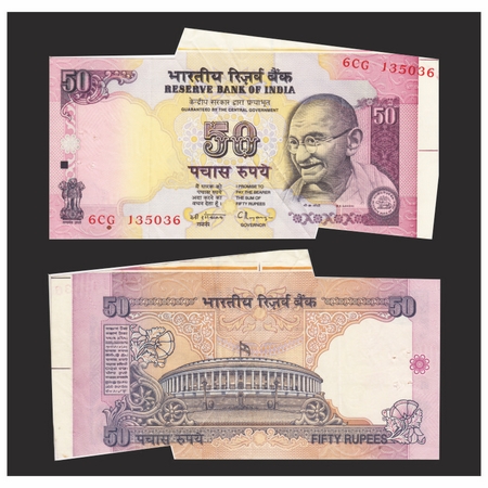 Republic of India, 50 Rupees, Gandhi Series, 1977, Error, Double Paper fold cutting error,
