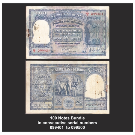 Republic of India, 100 Rupees Bundle (Complete Pack of 100 notes), Signed by H.V.R Iyengar