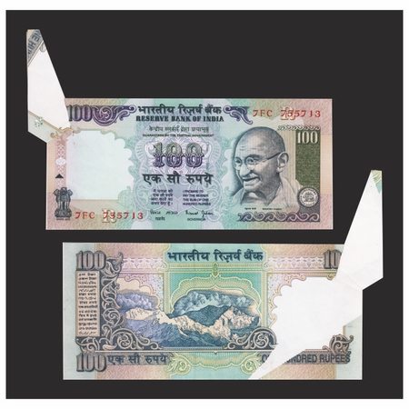 Republic of India, 100 Rupees, Gandhi Series, Error, Paper Torn fold, Printing & cutting e
