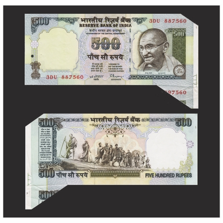 Republic of India, 500 Rupees, Gandhi Series, 1997 issue, Error, Paper fold cutting error,