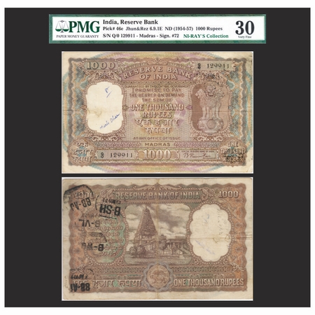 Republic of India, 1000 Rupees, Signed by B. Rama Rau, Serial No Q0 1299114, Madras Circle