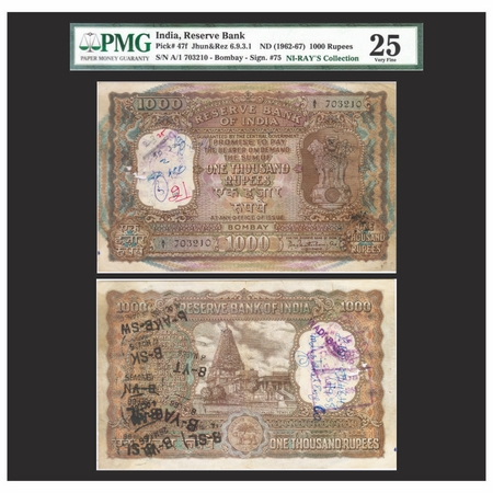 Republic of India, 1000 Rupees, Signed by P.C Bhattacharya, Serial No A1 703210, Bombay Ci