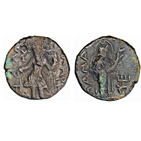 Kushans, Kanishka I, Copper Drachma, 4.05g, 17.08x17.49mm, Obv: King standing facing head