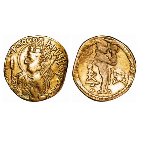 Kushans, Huvishka, Gold Dinar, 7.57g, 20.15x19.39mm, (150-180 AD), Ardoksho type, Obv: dia